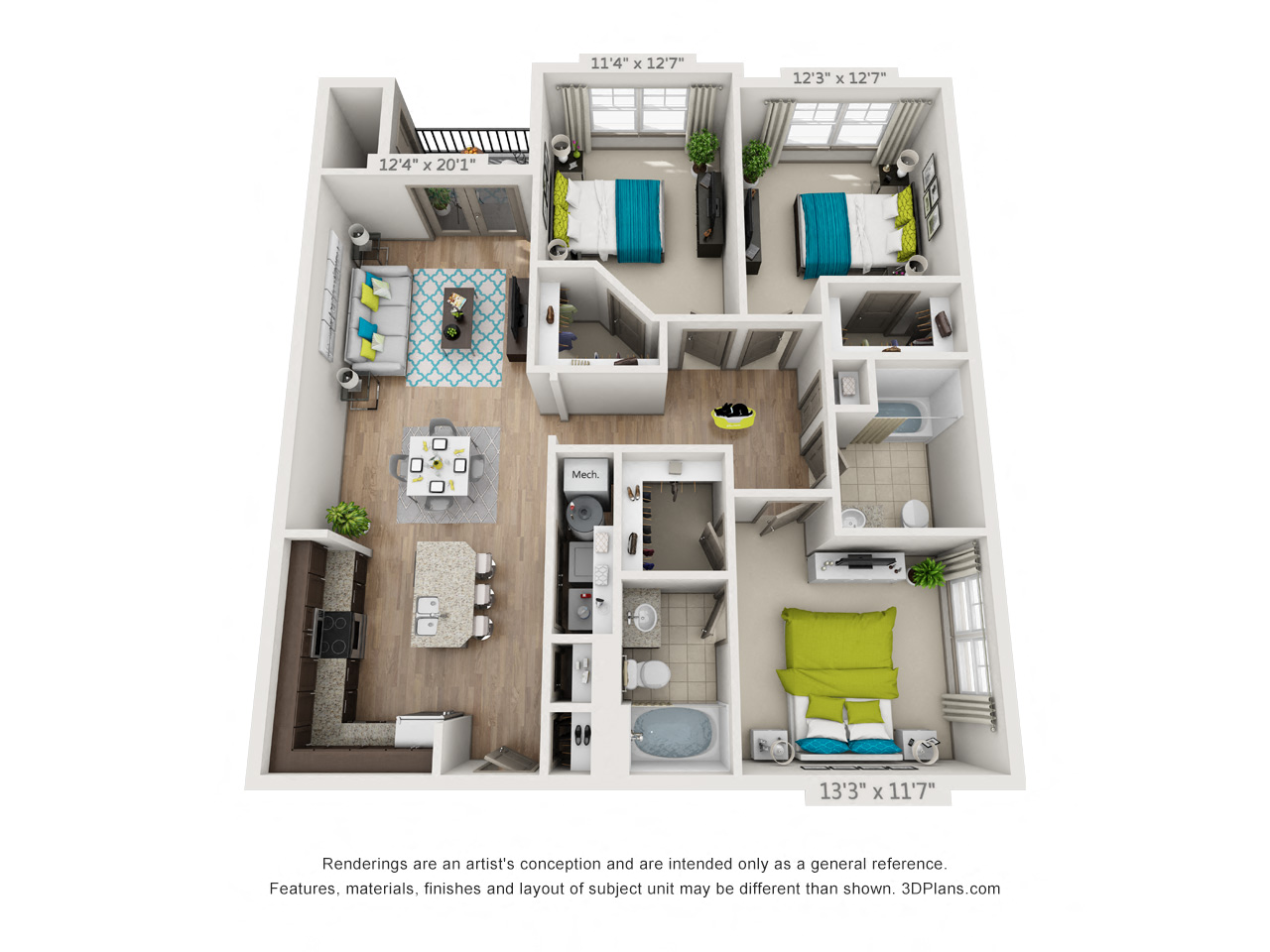 Floor plan for 3 beds, 2 baths, 1306 sqft